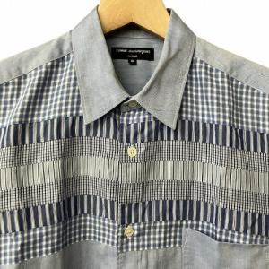 COMME des GARCONS HOMME 11SS チェック切り替え シャツ 半袖 水色 ブルー S HG-B050 AD2010