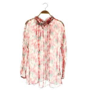 25年 RESORT2 シフォンギャザーブラウス シルク 総柄 フリル プルオーバー