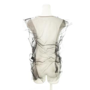 LANVIN en Bleu カットソー チュール メッシュ ノースリーブ ギャザー ドレープ グレー 黒 ブラック 3436710