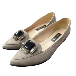 ビジュー フラットパンプス シューズ スエード ポインテッドトゥ 23.5cm ベージュ