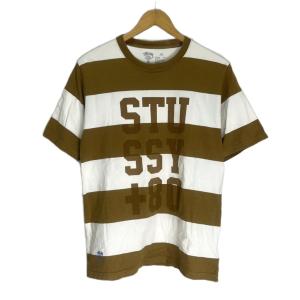 ボーダー プリントTシャツ 半袖 カットソー クルーネック M ベージュ ホワイト