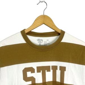 STUSSY ボーダー プリントTシャツ 半袖 カットソー クルーネック M ベージュ ホワイト