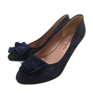 パンプス 23.5 ダークブルー 青 ラメ リボン /FF GY43