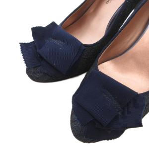 GINZA Kanematsu パンプス 23.5 ダークブルー 青 ラメ リボン /FF GY43