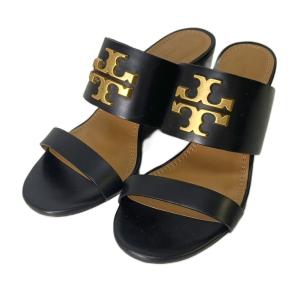 ロゴプレート レザー ヒール サンダル 6M 23.0cm 黒 ブラック 茶 ブラウン