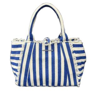 Barlie ストライプ柄 ポーチ付き キャンバス トートバッグ ハンドバッグ ブルー アイボリー
