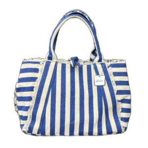 Samantha Thavasa Barlie ストライプ柄 ポーチ付き キャンバス トートバッグ ハンドバッグ ブルー アイボリー