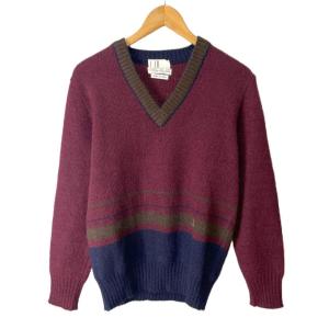 美品 Vネック ニット セーター モヘア ロゴ刺繍 長袖 46 ボルドー マルチカラー