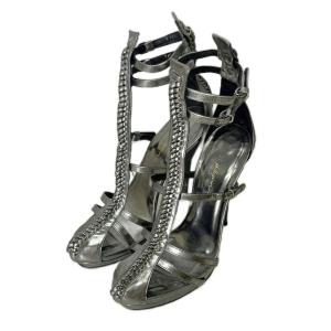 レザー ストラップ サンダル ヒール 編み 38 24.0cm シルバーカラー