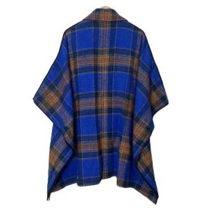 AKIRANAKA アルパカ混 チェック柄 ポンチョ 38 ブルー オレンジ 