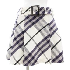 ベルト付きプリーツミニスカート フレア チェック柄 38 紫 パープル 白 ホワイト /GV GY43