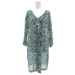 フリル シャツワンピース 長袖 緑 グリーン 青 ブルー 花柄 /UO GY43