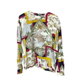 総柄 ブラウス シャツ シルク 長袖 L ベージュ マルチカラー