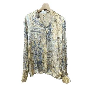 ETIENNE 美品 シルク シャツ ブラウス 花柄 総柄 ロゴ刺繍 長袖 I 42 ベージュ グレー