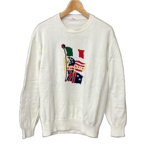 ロゴ 国旗 ニット セーター 長袖 クルーネック コットン プルオーバー 白 ホワイト