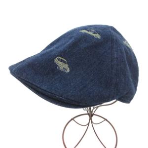 +プラス ハンチング 帽子 車刺繍 デニム生地 ロゴ インディゴブルー /JS