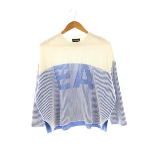 EAロゴサイドスリットプルオーバーニット セーター L ホワイト ブルー /DO OS