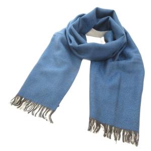 美品 マフラー ストール フリンジ 絹 シルク カシミヤ混 青 ブルー ベージュ  /KR