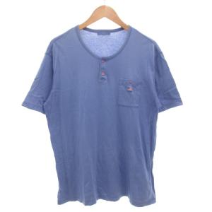 ヘンリーネック Tシャツ L 半袖 ロゴ刺繍 青 ブルー /GV