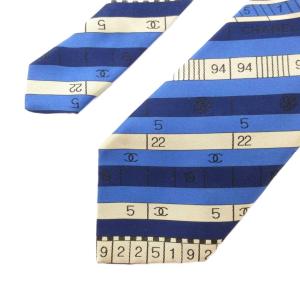 CHANEL ネクタイ レギュラータイ ボーダー ロゴ 数字 総柄 シルク 青 ブルー /AE GY47