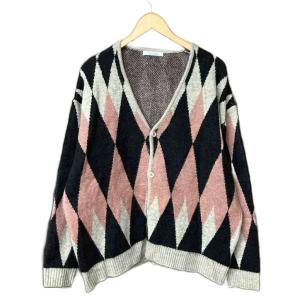 ウール混 総柄 アーガイル カーディガン M ピンク ブラウン 23-080-600-9241-3-0