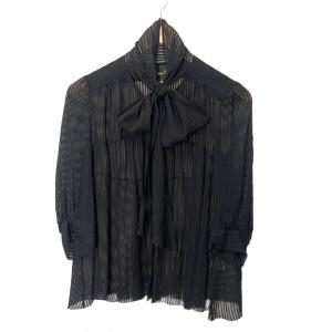 ボウタイブラウス シャツ シアー シースルー ストライプ 半袖 五分袖 36 黒 ブラック