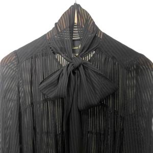 Drawer ボウタイブラウス シャツ シアー シースルー ストライプ 半袖 五分袖 36 黒 ブラック