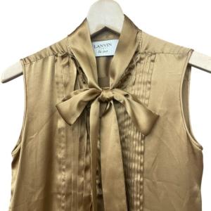 LANVIN シルク ノースリーブ ボウタイブラウス シャツ ピンタック 38 ゴールド系