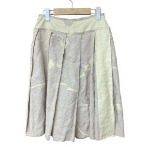 PRADA 総柄 リネン タック プリーツ フレアスカート 38 ベージュ AA