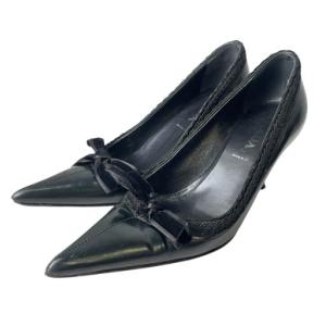 ベロアリボン レザー ピンヒール パンプス ポインテッドトゥ 35.5 黒 ブラック