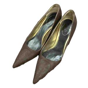 型押しパンプス レザー ヒール 38 24.0cm 茶 ブラウン AA