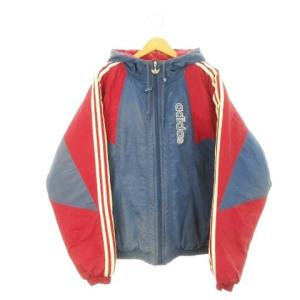 adidas ヴィンテージ 万国旗タグ 中綿ジャケット フーディー ジップアップ トレフォイル ロゴ刺繍 M 紺 ネイビー