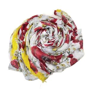 花柄 ストール マフラー 大判 カシミヤ混 フリンジ ホワイト レッド イエロー