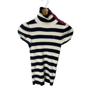 ボーダー ニット カットソー ハイネック ホース刺繍 肩ボタン 半袖 38 ブラック ホワイト GY14