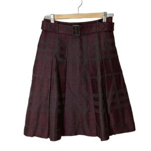 ウール混 ベルテッドスカート フレア ひざ丈 ベルト付き チェック柄 38 M ボルドー ブラック B1S28-469-38