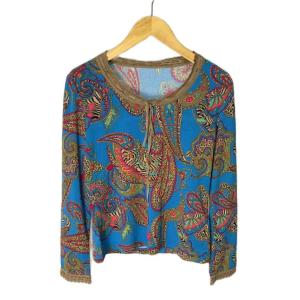 総柄 カットソー Tシャツ ラインストーン リボン 長袖  7 ブルー ブラウン GY43