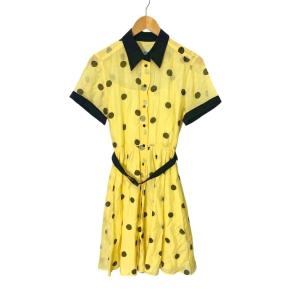 ドット柄 シャツワンピース フレア ひざ丈 36 イエロー ブラック GY43
