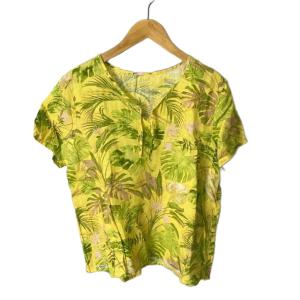 リネンシャツ ブラウス リボン ボタニカル柄 総柄 半袖 M イエロー GY43