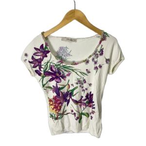 ニット カットソー 花柄 半袖 I 40 ホワイト パープル GY43