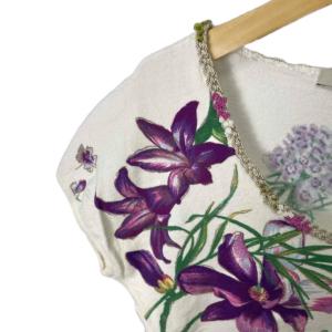 Blumarine ニット カットソー 花柄 半袖 I 40 ホワイト パープル GY43