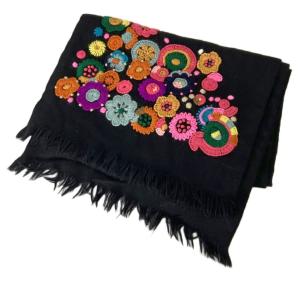花刺繍 マフラー ストール ブラック レディース