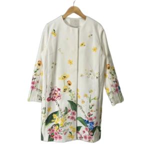 フラワープリントコート ノーカラー ミドル丈 ホワイト 0 GY06