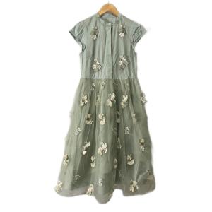 ワンピース ひざ丈 ショートスリーブ 刺繍 0 グリーン GY06