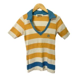 ボーダー カットソー Tシャツ Vネック ロゴ刺繍 半袖 F 水色 ベージュ イエロー