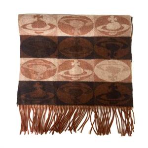 カシミヤ マフラー オーブ柄 フリンジ ブラウン