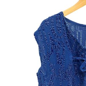 me ISSEY MIYAKE シワ加工ノースリーブ ワンピース ロング フロッキープリント ブルー MI64FH292
