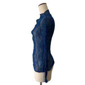 ISSEY MIYAKE 斜めプリーツ ブラウス シャツ ハイネック 長袖 2 ブルー IM01FJ410