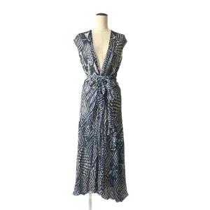 シルクドレスワンピース ノースリーブ ベルト ロング 総柄 ブルー 4