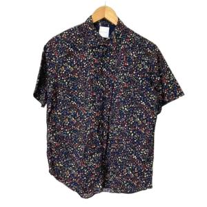 花柄シャツ 金ボタン 半袖 総柄 M ネイビー