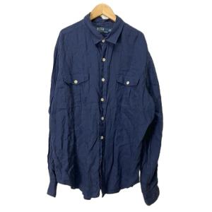 リネンシャツ ダブルポケット 長袖 XL ネイビー